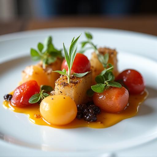 Ein kunstvoll angerichteter Teller aus dem Fine Dining Menü.