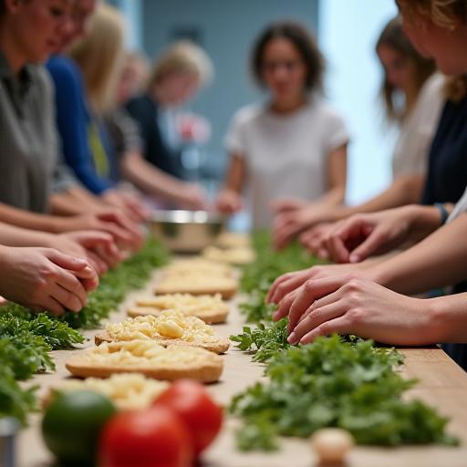 Teilnehmer eines Koch-Workshops bei der Zubereitung von Speisen.