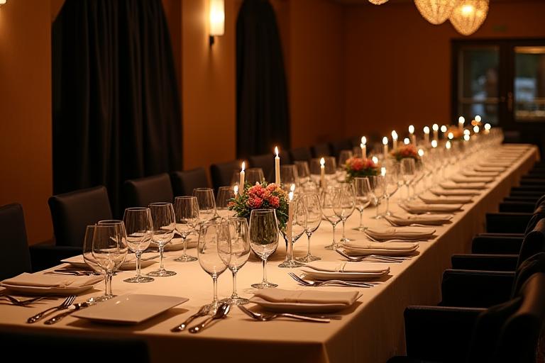 Elegant gedeckte lange Tafel für eine private Feier im 'Stübli' des Restaurants.