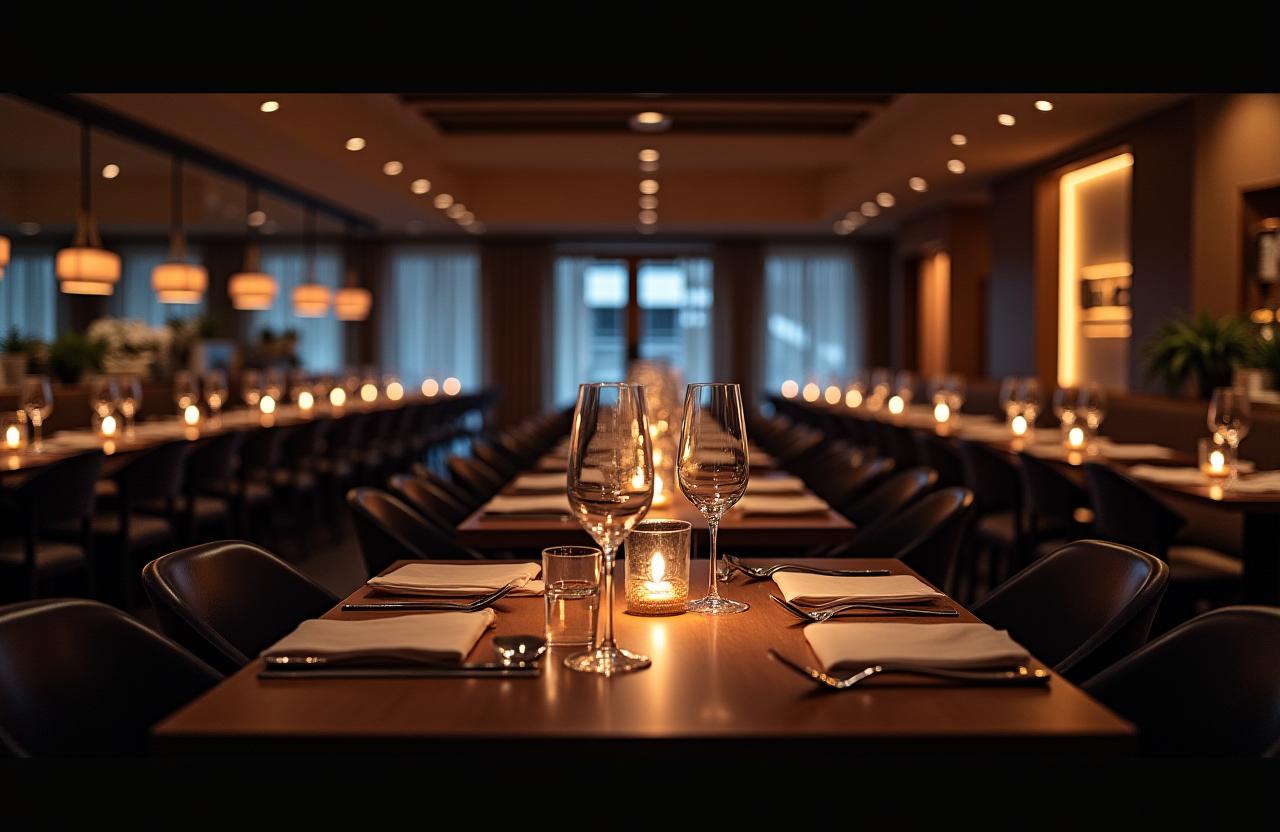Elegantes und modernes Restaurant-Ambiente der AlpenKulinarik AG mit gedimmtem Licht.