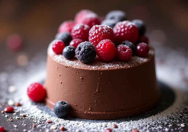 Schokoladenmousse-Dessert kunstvoll mit Beeren dekoriert.