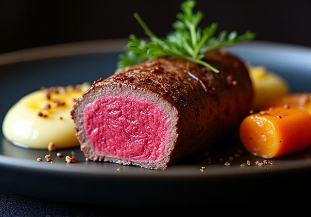 Angeschnittenes Rindsfilet mit Beilagen auf einem dunklen Teller.