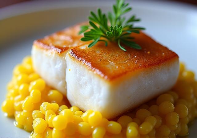 Nahaufnahme von Zanderfilet auf Safran-Risotto.